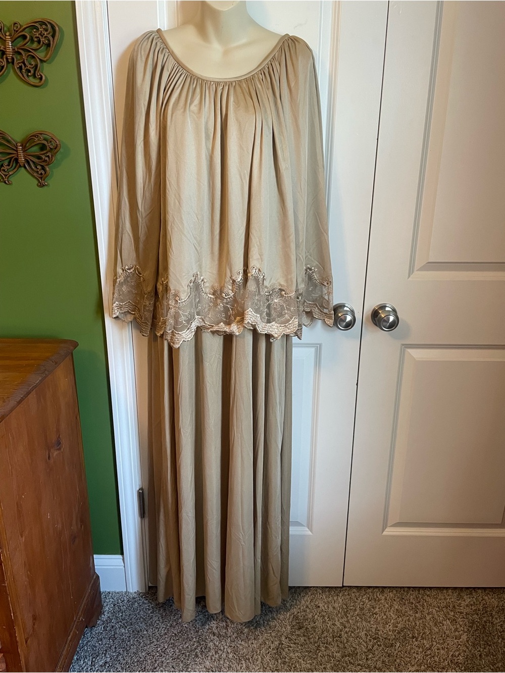 Vintage JcPenney Champagne Dress Half Sleeve Lace Overlay 20